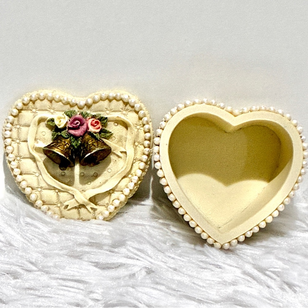Cottagecore Italian Heart-Shaped Trinket Box With Grannycore Pearls & Gold Bells